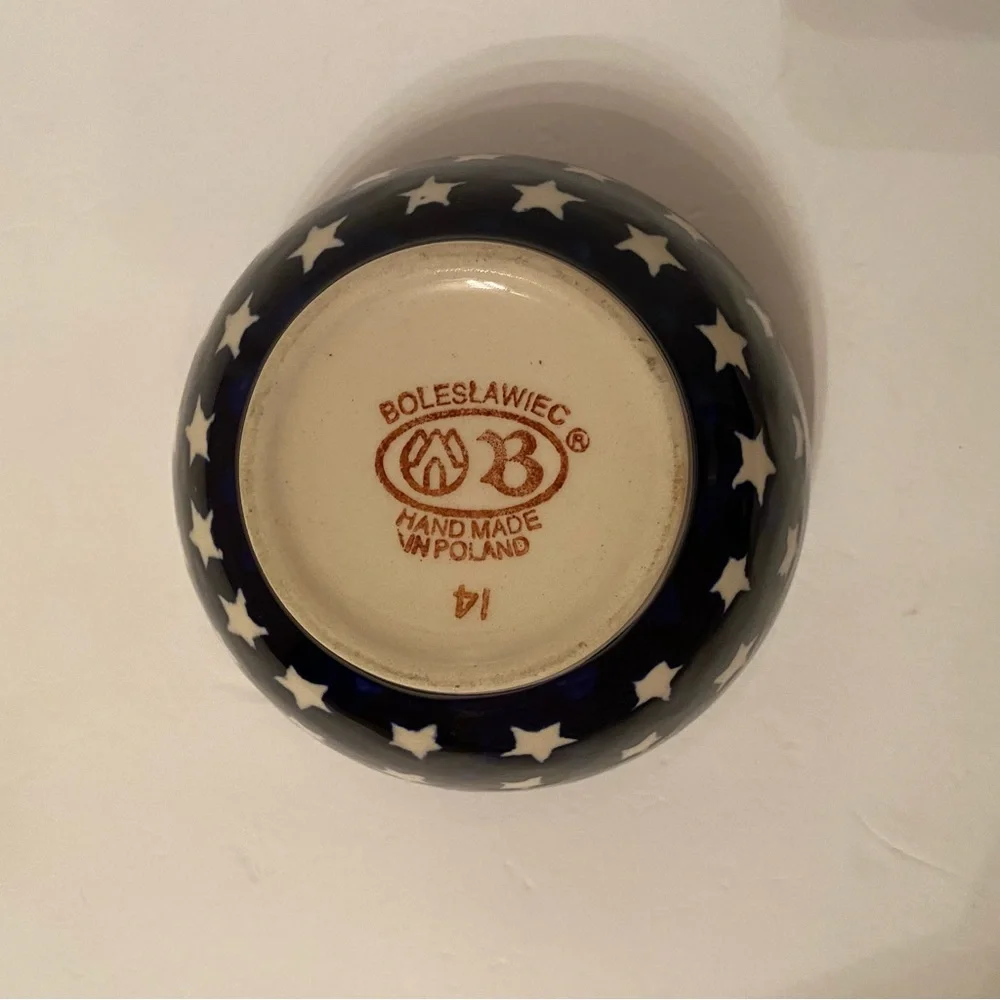 POLISH POTTERY BOWL BLUE WHITE STARS HANDMADE HOME DINING CEREAL FRUIT DINNER
